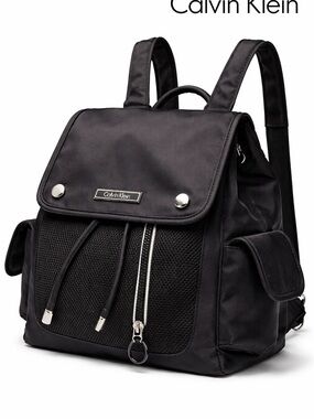 Calvin Klein Black Nylon Drawstring Backpack with Front Zip minimalist y2k